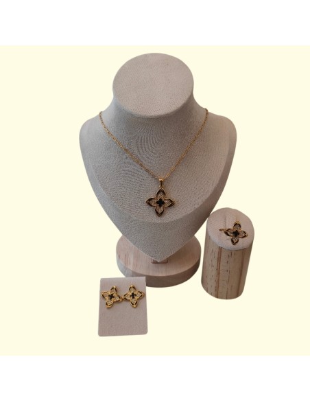 Girocollo Orecchini Anello Con Fiore Smaltato Nero Think Positive