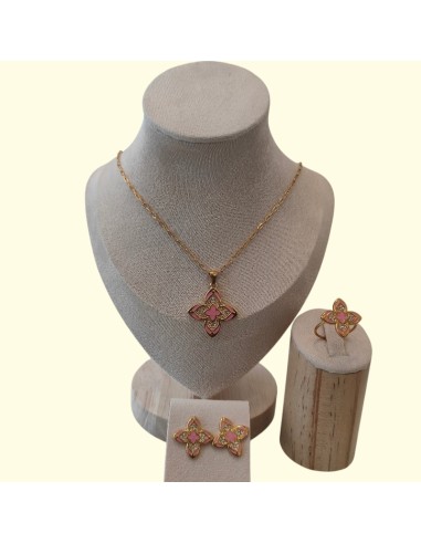 Girocollo Orecchini Anello Con Fiore Smaltato Rosa Think Positive