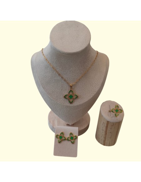 Girocollo Orecchini Anello Con Fiore Smaltato Verde Think Positive
