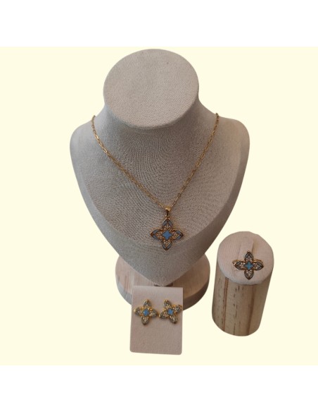 Girocollo Orecchini Anello Con Fiore Smaltato Celeste Think Positive
