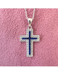 Girocollo Croce con Zirconi Bianchi e Pietre Blù Zaffiro Evidence