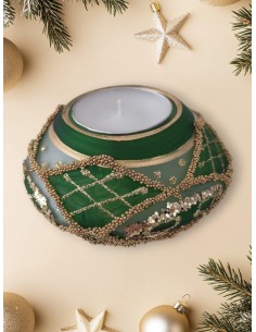 Portacandela Disco decorato Verde con Led Bagutta